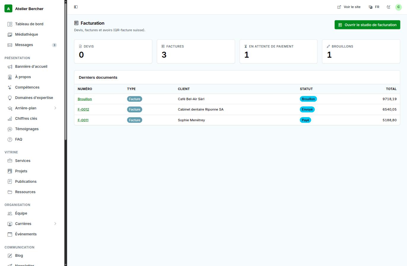 Das Rechnungsmodul: Zähler für Offerten, Rechnungen, offene Zahlungen und Entwürfe, darunter die letzten Dokumente mit ihrem Status.